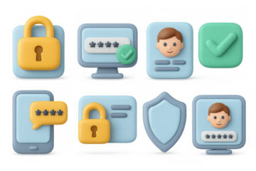 3d cybersecurity icons featuring locks, shields, and user avatars for digital protection
