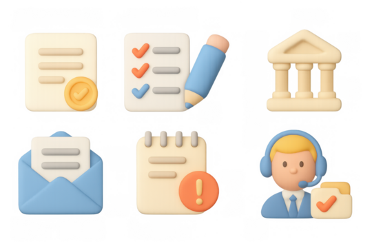 Colorful 3d business icons set featuring checklist and customer support representative