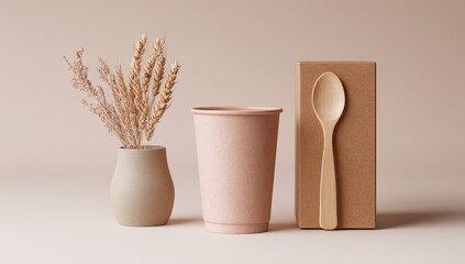 Beige-toned disposable coffee cup, wooden spoon, and cardboard box, with dried wheat sprigs in a vase, on a muted background