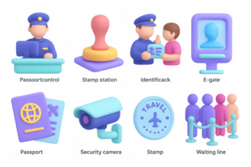 Cartoon style travel and security elements with passport control and surveillance