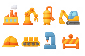 3d industrial icon set: factory, robot arm, excavator, and more