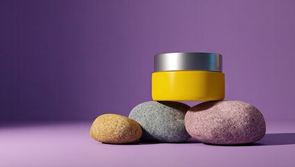 Yellow cosmetic jar on a stack of stones against a mauve backdrop