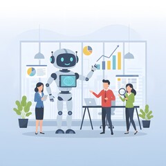 Business team collaboration with an AI robot, analyzing data, and strategizing for growth