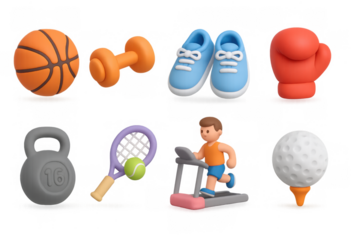 3d fitness and sports equipment: basketball, dumbbell, sneakers, boxing glove, and more
