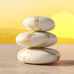 Three stacked,  gold-veined white stones against a sunset backdrop