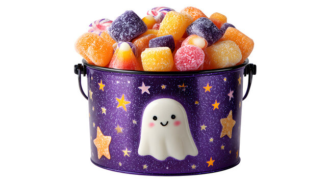 Purple ghost candy bucket decorated with stars, brimming with colorful sweets, isolated on white background