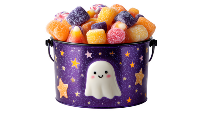 Purple ghost candy bucket decorated with stars, brimming with colorful sweets, isolated on white background