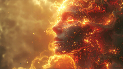 A stunning side profile of a woman with her face and hair sculpted from glowing, molten lava and fiery sparks, representing divine power and a radiant energy.