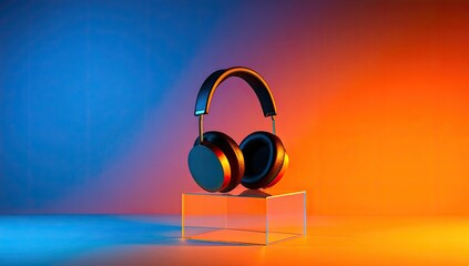 Over-ear headphones on a glass display pedestal, vibrant lighting