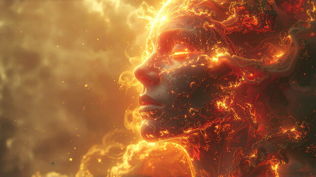 A stunning side profile of a woman with her face and hair sculpted from glowing, molten lava and fiery sparks, representing divine power and a radiant energy.

