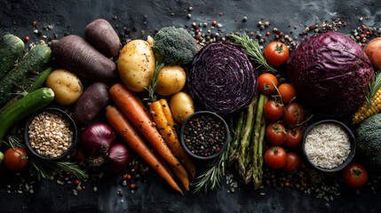 Variety of vegetables and spices are laid out on a counter. The vegetables include carrots, broccoli, and tomatoes, while the spices include pepper and salt. Concept of abundance and variety