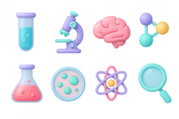 Colorful 3d science icons featuring microscope, brain, and test tubes