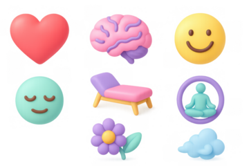 Colorful 3d emojis and objects: heart, brain, meditation, flower, cloud, and smiley faces