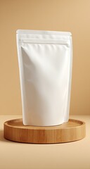 White, resealable pouch on a wooden platform