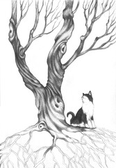 Detailed pencil drawing illustration of a tree with a cat, hand-drawn nature art
