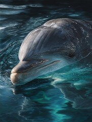 Hyper realistic close up of dolphin face above water smooth skin and eye detail captured in realism