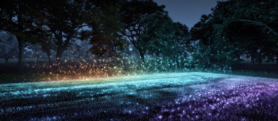Vivid spectrum lights in a dark tree-filled park at night