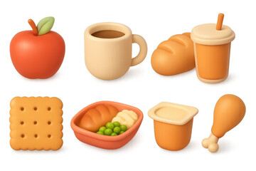 3d rendered breakfast food icons set with coffee, juice, and healthy snacks