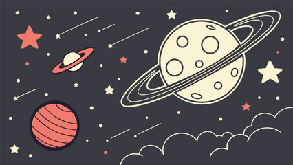 Dark cartoon space with stars, planets, and simple floating clouds of cosmic dust. Flat vector style, minimal and clean.