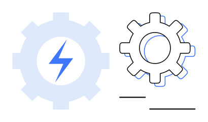 Two gears, one solid with a lightning bolt and one outlined gear, symbolize energy, innovation, mechanics, and teamwork. Ideal for technology, engineering, power efficiency process leadership