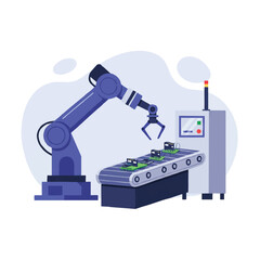 Fototapeta premium A robotic arm precisely assembles small electronic components on a moving conveyor belt in a modern factory, rendered as a flat 2D vector illustration with clean outlines and vibrant colors.