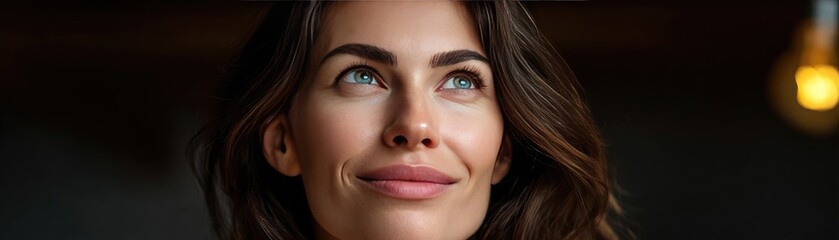 Impactful lightbulb eureka moment concept. A thoughtful woman gazes upward with a serene expression.