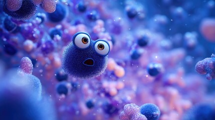 Vibrant cartoon-style virus with expressive eyes in a microscopic view. Ideal for educational content, health campaigns, or science-themed designs.