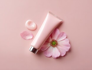 Pastel pink tube of cream with flower petals