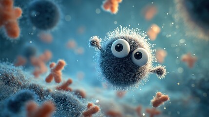 Playful cartoon-style virus with large eyes in a microscopic view, vibrant colors, ideal for educational materials, health campaigns, or children's content.