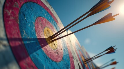 Close-up of multiple arrows striking a colorful archery target under clear blue sky, symbolizing precision and success, perfect for sports or achievement themes.