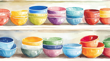 Watercolor of Colorful Kitchenware Bowls on Shelves