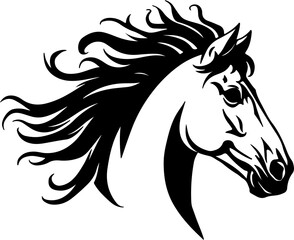 Stylized black and white horse head vector graphic.