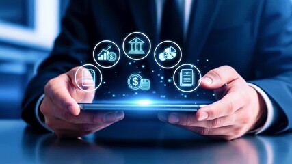 Business professional holding a tablet displaying financial icons in a modern office setting - Powered by Adobe