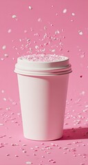 Pink disposable coffee cup with sprinkles falling