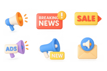 Colorful 3d megaphone icons featuring news, sale, and alerts for marketing design