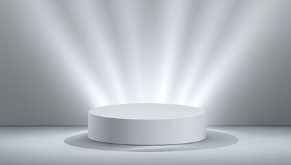 Empty, light gray pedestal, illuminated by spotlight rays