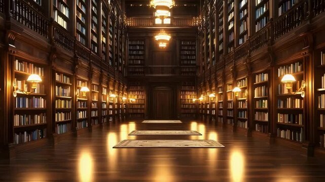 A grand wood-paneled library with towering shelves along a long, candlelit aisle and a central rug.