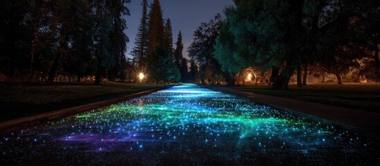 Night path illuminated with colorful lights