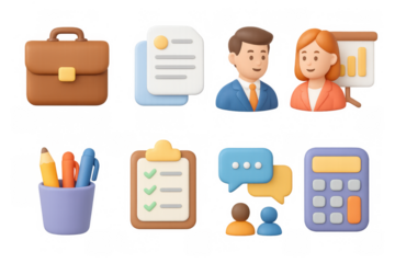 Business and office 3d icons set featuring people, briefcase, clipboard, and calculator