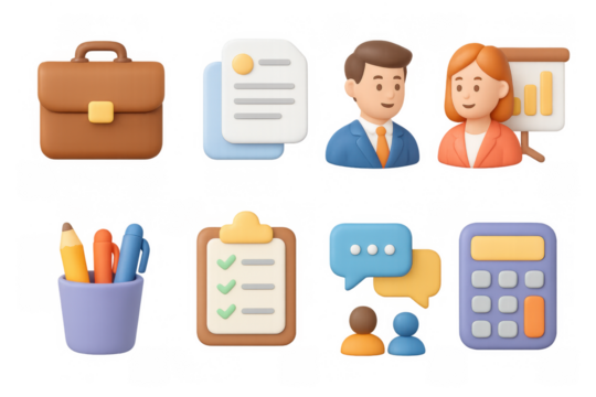 Business and office 3d icons set featuring people, briefcase, clipboard, and calculator