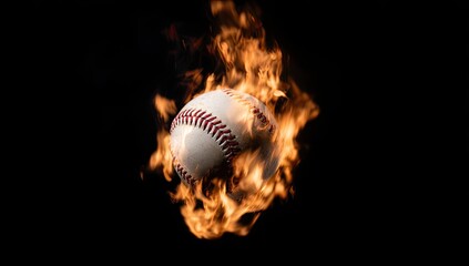 Baseball engulfed in flames against a black background