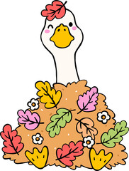 Fall Silly Goose in Pile of Autumn Leaves Cartoon Hand Drawn