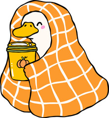 Autumn Silly Goose Wrapped in Blanket with Pumpkin Latte  Cartoon Hand Drawn © Natsicha