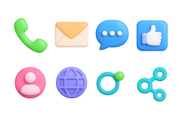 Colorful 3d communication icons set featuring phone, email, chat, and social media symbols