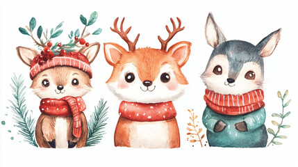 Fototapeta premium Watercolor of Woodland Animals in Festive Winter Attire