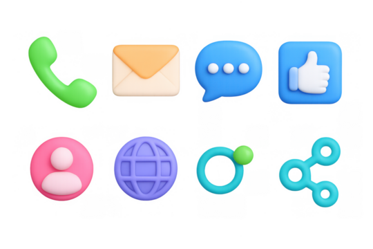 Colorful 3d communication icons set featuring phone, email, chat, and social media symbols