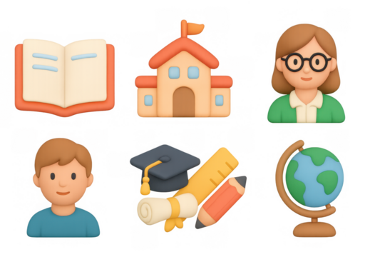 Playful 3d education icons: school, globe, teacher, student, and graduation
