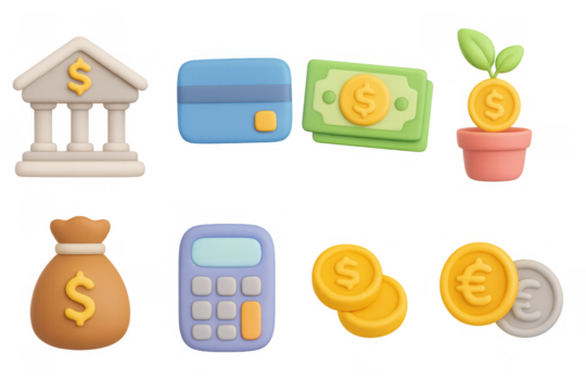 3d cartoon financial elements including bank and currency symbols