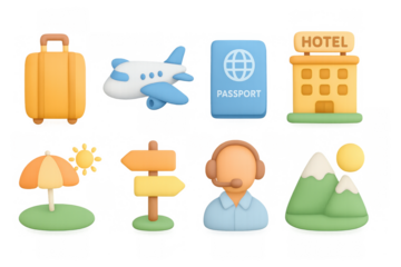 3d travel icons set: airplane, hotel, passport, and more