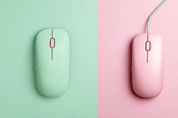 Two pastel-colored computer mice, mint green and pink, positioned on contrasting backgrounds